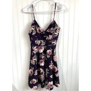 Mi Ami Womens Small Purple Floral Sleeveless Spaghetti Strap Dress Fit-n-Flare‎